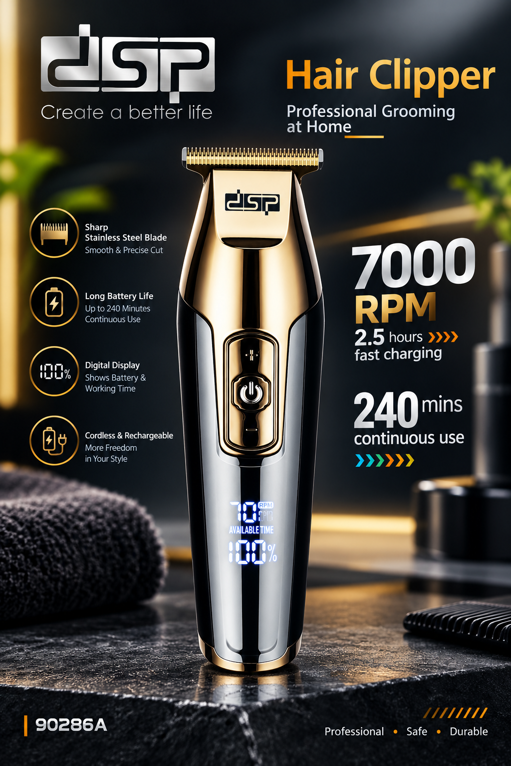 ماشین اصلاح حرفه ای DSP 90286 رنگ لوکس طلایی همراه با سری بیشتر و باطری قوی تر نسبت به نسل قبل(نقره ای)و همراه با کیسه مسافرتی