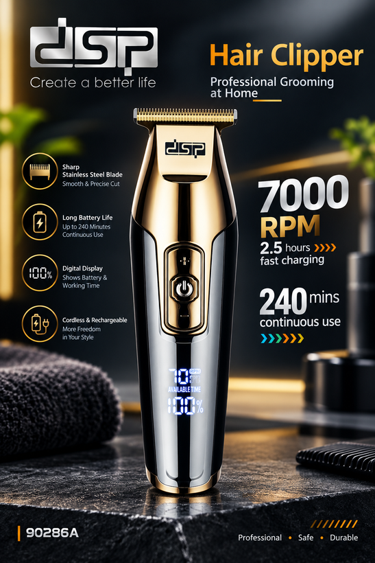 ماشین اصلاح حرفه ای DSP 90286 رنگ لوکس طلایی همراه با سری بیشتر و باطری قوی تر نسبت به نسل قبل(نقره ای)و همراه با کیسه مسافرتی
